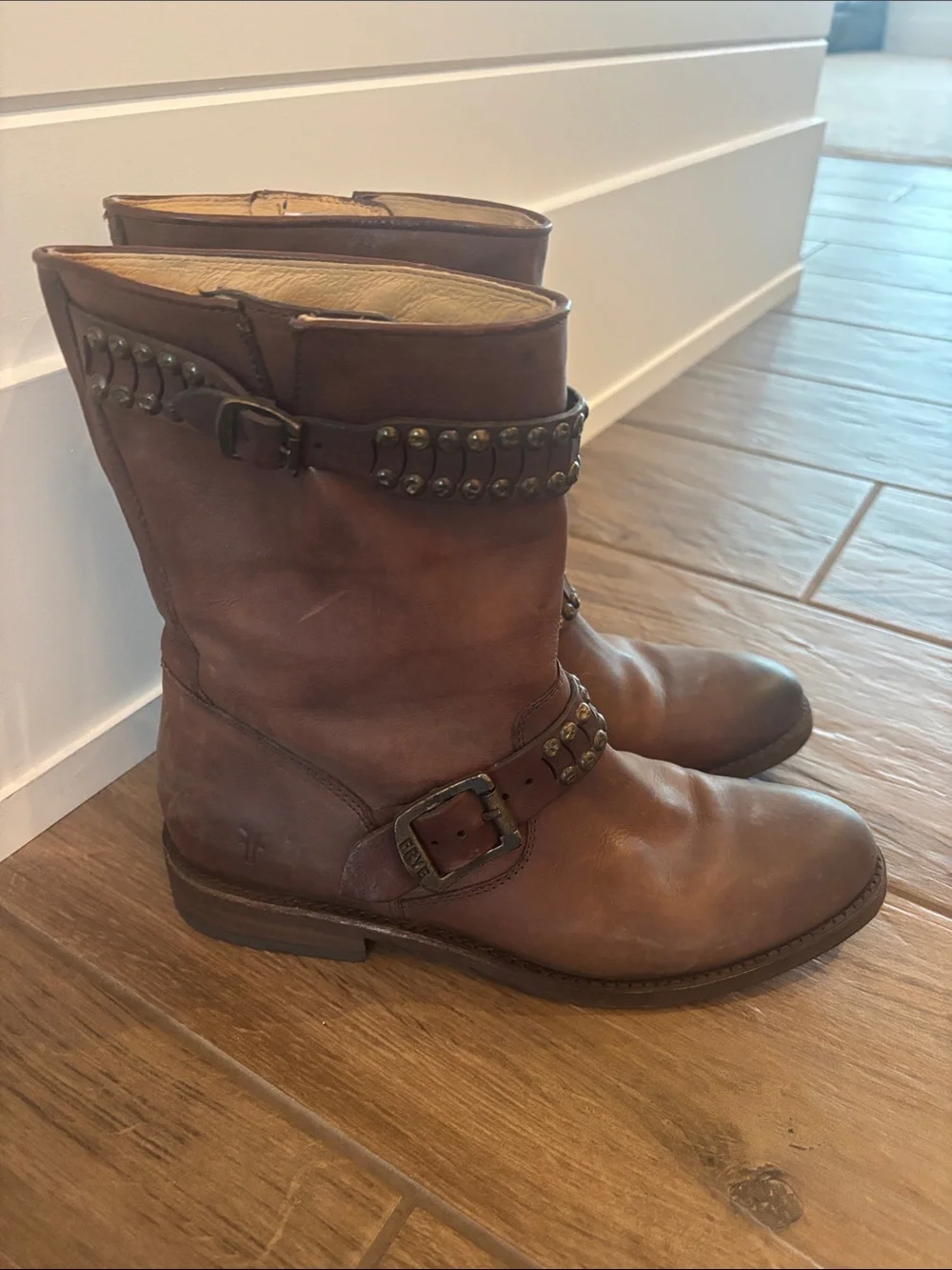 Frye Brown Jayden Studded Harness Mid-Calf Boots